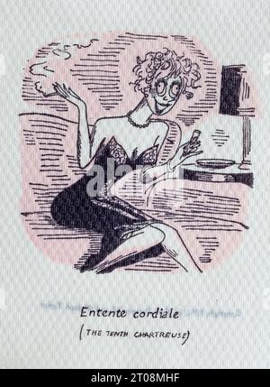 Tovagliolo di cartone anni '1950 - scherzo in lingua francese - intesa cordiale - la decima Chartreuse Foto Stock