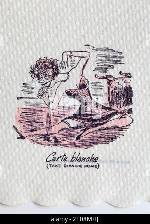 Tovagliolo di cartone degli anni '1950 - scherzo in lingua francese - carte Balnche - Prendi Blanche Home Foto Stock