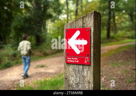 Facile accesso all'insegna del sentiero pedonale su un palo in legno, concetto di camminata. Foto Stock