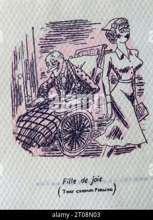 Tovagliolo di cartone degli anni '1950 - scherzo in lingua francese - Fille de Joie - quella sensazione certa Foto Stock
