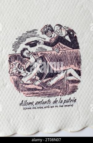 Tovagliolo di cartone degli anni '1950 - scherzo in lingua francese - Party Foto Stock