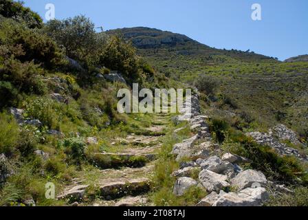 Storica mulattiera mozaraba nel Vall de Laguart, provincia di Alicante, Spagna. I sentieri a gradini sono ora un popolare percorso escursionistico Foto Stock