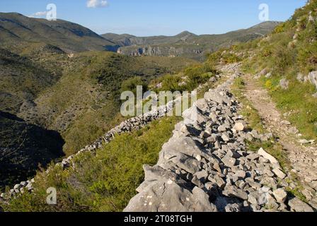 Storica mulattiera mozaraba nel Vall de Laguart, provincia di Alicante, Spagna. I sentieri a gradini sono ora un popolare percorso escursionistico. Foto Stock