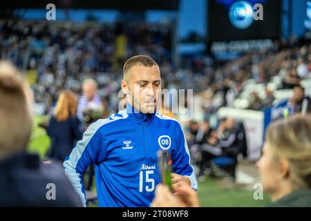 Odense, Danimarca. 2 ottobre 2023. Tom Trybull (15) di OB visto prima del 3F Superliga match tra Odense BK e Lyngby BK al Nature Energy Park di Odense. (Foto: Gonzales Photo - Nicolai Berhelsen). Foto Stock