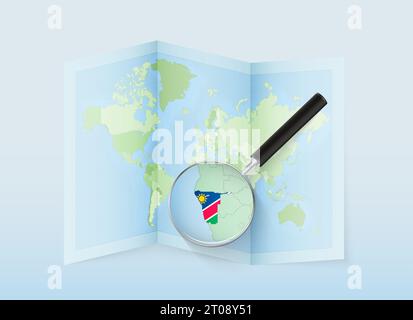 Una mappa del mondo ripiegata con una lente di ingrandimento rivolta verso la Namibia. Mappa e bandiera dell'Italia in loupe. Illustrazione vettoriale con tono di colore blu. Illustrazione Vettoriale