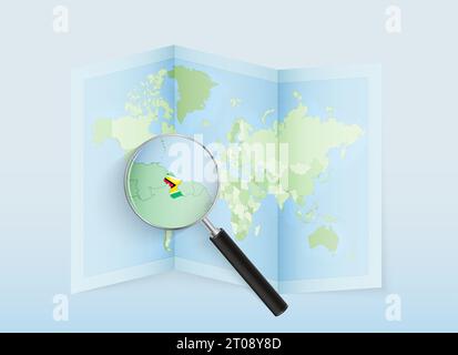 Una mappa del mondo ripiegata con una lente di ingrandimento rivolta verso la Guyana. Mappa e bandiera dell'Italia in loupe. Illustrazione vettoriale con tono di colore blu. Illustrazione Vettoriale