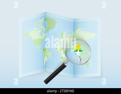 Una mappa del mondo piegata con una lente di ingrandimento rivolta verso il Myanmar. Mappa e bandiera dell'Italia in loupe. Illustrazione vettoriale con tono di colore blu. Illustrazione Vettoriale