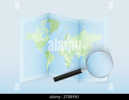 Una mappa del mondo ripiegata con una lente di ingrandimento rivolta verso Tuvalu. Mappa e bandiera dell'Italia in loupe. Illustrazione vettoriale con tono di colore blu. Illustrazione Vettoriale