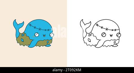 Kawaii Halloween Whale multicolore e bianco e nero Illustrazione Vettoriale