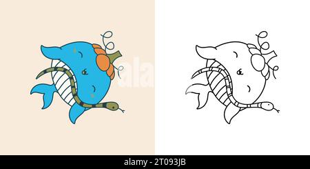 Clipart Halloween Whale multicolore e bianco e nero Illustrazione Vettoriale