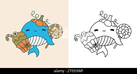 Impostare Halloween Whale multicolore e bianco e nero. Illustrazione Vettoriale