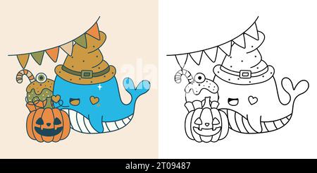 Halloween Whale multicolore e bianco e nero Illustrazione Vettoriale