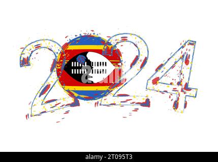 2024 anni in stile grunge con bandiera dello Swaziland. Illustrazione vettoriale grunge per le festività. Illustrazione Vettoriale