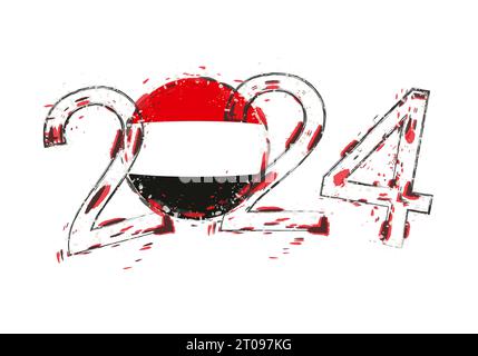 2024 anni in stile grunge con bandiera dello Yemen. Illustrazione vettoriale grunge per le festività. Illustrazione Vettoriale