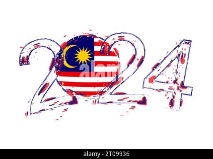 2024 anni in stile grunge con bandiera della Malesia. Illustrazione vettoriale grunge per le festività. Illustrazione Vettoriale