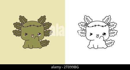 Simpatica illustrazione axolotl di Halloween e per colorare pagina. Cartoon Clip Art Salamander di Halloween. Illustrazione Vettoriale