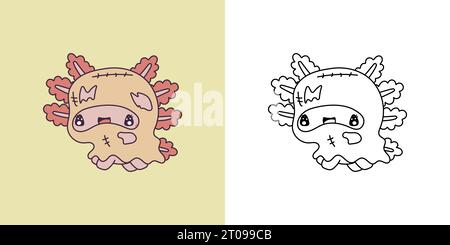 Simpatica illustrazione axolotl di Halloween e per colorare pagina. Cartoon Clip Art Salamander di Halloween. Illustrazione Vettoriale