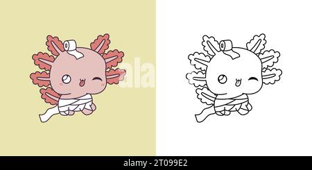 Clipart Halloween axolotl multicolore e bianco e nero. Salamandra di Halloween carina. Illustrazione Vettoriale