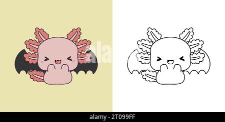 Halloween Kawaii axolotl per colorare pagina e illustrazione. Adorabile salamandra di Halloween con Clip Art Illustrazione Vettoriale