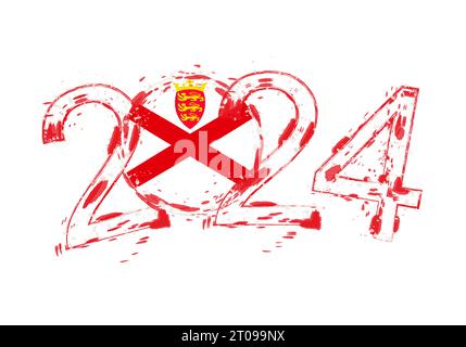 2024 anni in stile grunge con bandiera della maglia. Illustrazione vettoriale grunge per le festività. Illustrazione Vettoriale