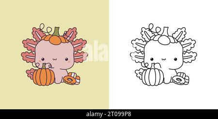 Clipart Halloween axolotl multicolore e bianco e nero. Salamandra di Halloween carina. Illustrazione Vettoriale