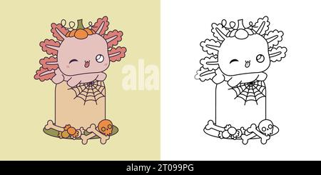 Graziosa clip axolotl di Halloween per colorare pagina e illustrazione. Happy Art Halloween Salamander. Illustrazione Vettoriale