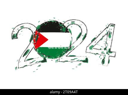 2024 anno in stile grunge con bandiera della Palestina. Illustrazione vettoriale grunge per le festività. Illustrazione Vettoriale