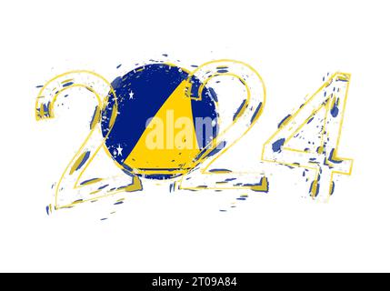 2024 anni in stile grunge con bandiera di Tokelau. Illustrazione vettoriale grunge per le festività. Illustrazione Vettoriale