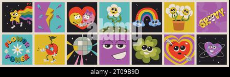 Simpatici personaggi dei cartoni animati psichedelici, volti comici in stile retrò alla moda. Cartelloni divertenti con elementi di fiori, cuore, ciliegia, disco ball e arcobaleno. Schemi di doodle astratti. Illustrazione Vettoriale