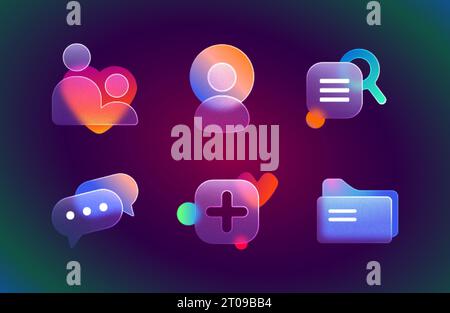 Set realistico di icone dell'interfaccia utente del glassmorfismo per siti Web o app mobili. Illustrazione vettoriale di contatti, cartelle, ricerca, chat, elementi di design con effetto morfismo a vetro, pulsanti con sfumatura di sfocatura. Illustrazione Vettoriale