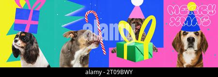 Collage d'arte contemporanea. Arte moderna creativa e divertente. Set composto da poster con animali domestici, cani con regali, regali e iscrizioni per le vacanze invernali Foto Stock