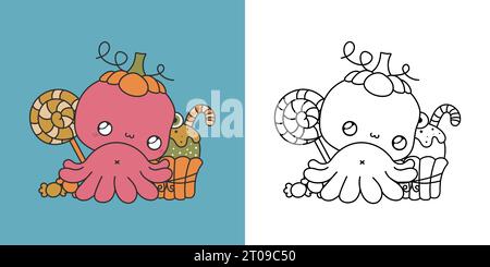 Carino Halloween Octopus Illustration e per colorare Page. Cartoon Art Halloween Underwater Animal Illustrazione Vettoriale