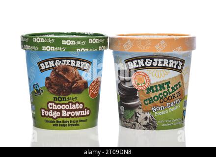 IRVINE, CALIFORNIA - 4 ottobre 2023: Due cartoni di dessert surgelati non caseari Ben e Jerrys, Chocolate Fudge Brownie e Mint Chocolate Cookie. Foto Stock