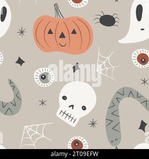 Simpatico motivo di halloween disegnato a mano senza cuciture con zucca, teschio, fantasma, ragno, serpente, occhi. Illustrazione di cartoni animati per bambini. Design estetico spettrale Illustrazione Vettoriale