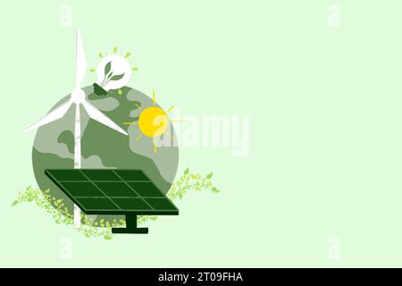 Illustrazione vettoriale della Terra con mulino a vento e pianta in lampadina e pannelli solari con segnale solare disegnato su sfondo verde Foto Stock