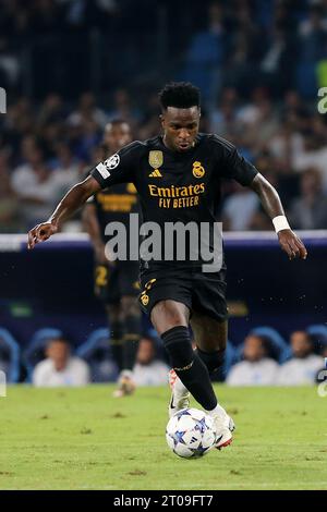 Vinicius Junior del Real Madrid CF in azione durante la UEFA Champions Leaguematch tra SSC Napoli e Real Madrid CF allo Stadio Maradona il 3 ottobre 2023 a Napoli. Foto Stock