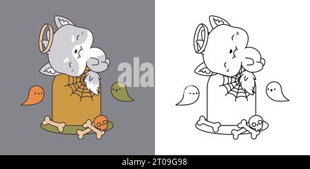 Impostare Clipart Halloween Wolf Coloring Page e Color Illustration. Kawaii Halloween Forest Animal Illustrazione Vettoriale