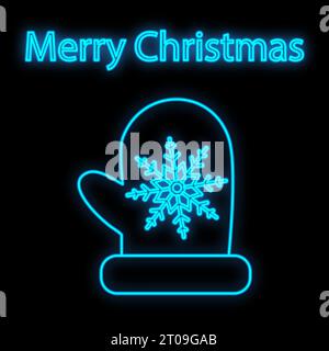 Icona al neon Mitten. Simbolo delle festività natalizie invernali che si illumina. Illustrazione Vettoriale