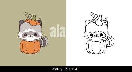 Kawaii Halloween Raccoon Clipart multicolore e bianco e nero. Carino animale di Halloween Kawaii. Illustrazione Vettoriale