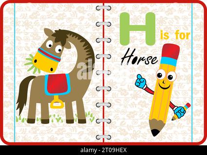 Cavallo divertente con matita sorridente sullo sfondo del quaderno, illustrazione dei cartoni animati vettoriali Illustrazione Vettoriale