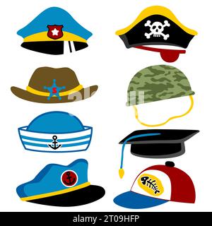 Set di diversi cap professionali, illustrazioni di cartoni animati vettoriali Illustrazione Vettoriale