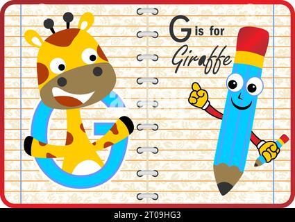 Simpatica giraffa con una matita divertente sullo sfondo del quaderno, illustrazione di cartoni animati vettoriali Illustrazione Vettoriale