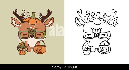 Kawaii Clipart Halloween Deer Illustration e for Coloring Page. Divertente animale di Halloween Kawaii. Illustrazione Vettoriale