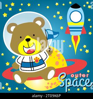 Simpatici orsi in costume da astronauta seduti sul pianeta Saturno con un razzo che vola nello spazio. illustrazione di cartoni animati vettoriali Illustrazione Vettoriale