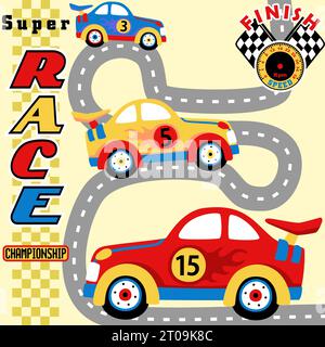 Auto da corsa in pista, elementi per le corse automobilistiche, illustrazione di cartoni animati vettoriali Illustrazione Vettoriale
