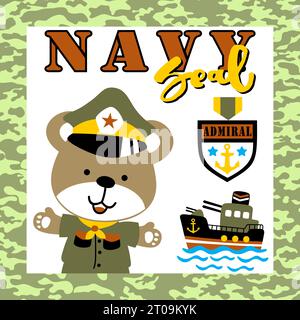 Grazioso orso in costume da soldato con logo Navy Seal e bordo camouflage della nave da guerra, illustrazione di cartoni animati vettoriali Illustrazione Vettoriale