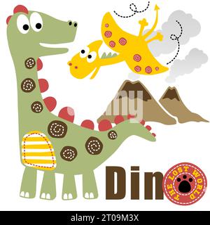 Divertenti dinosauri sullo sfondo dei vulcani, maglietta per bambini, illustrazione di cartoni animati vettoriali Illustrazione Vettoriale