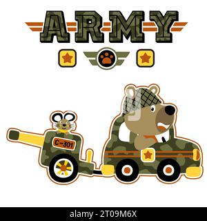Divertente orso con topi su veicolo militare, elementi militari, illustrazione di cartoni animati vettoriali Illustrazione Vettoriale