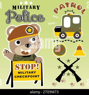 Grazioso orso in costume da soldato con elementi militari e illustrazioni di cartoni animati vettoriali Illustrazione Vettoriale