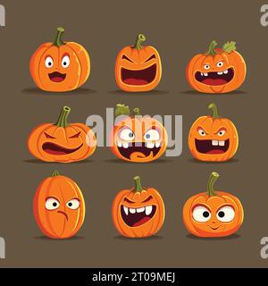 Set di zucche di Halloween con volti sorridenti. Illustrazione vettoriale piatta per poster di design, striscioni, stampa. Illustrazione Vettoriale